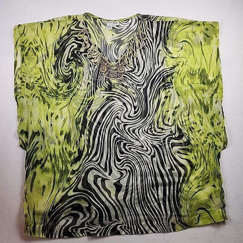 Jessica Taylor Sheer Embellished Kaftan Top Boho Hippie Cover Up Blouse XL